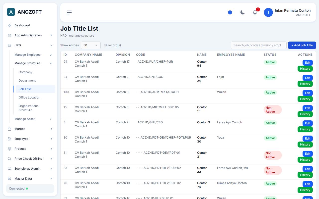 Layar Job Title di aplikasi Angzoft ERP.