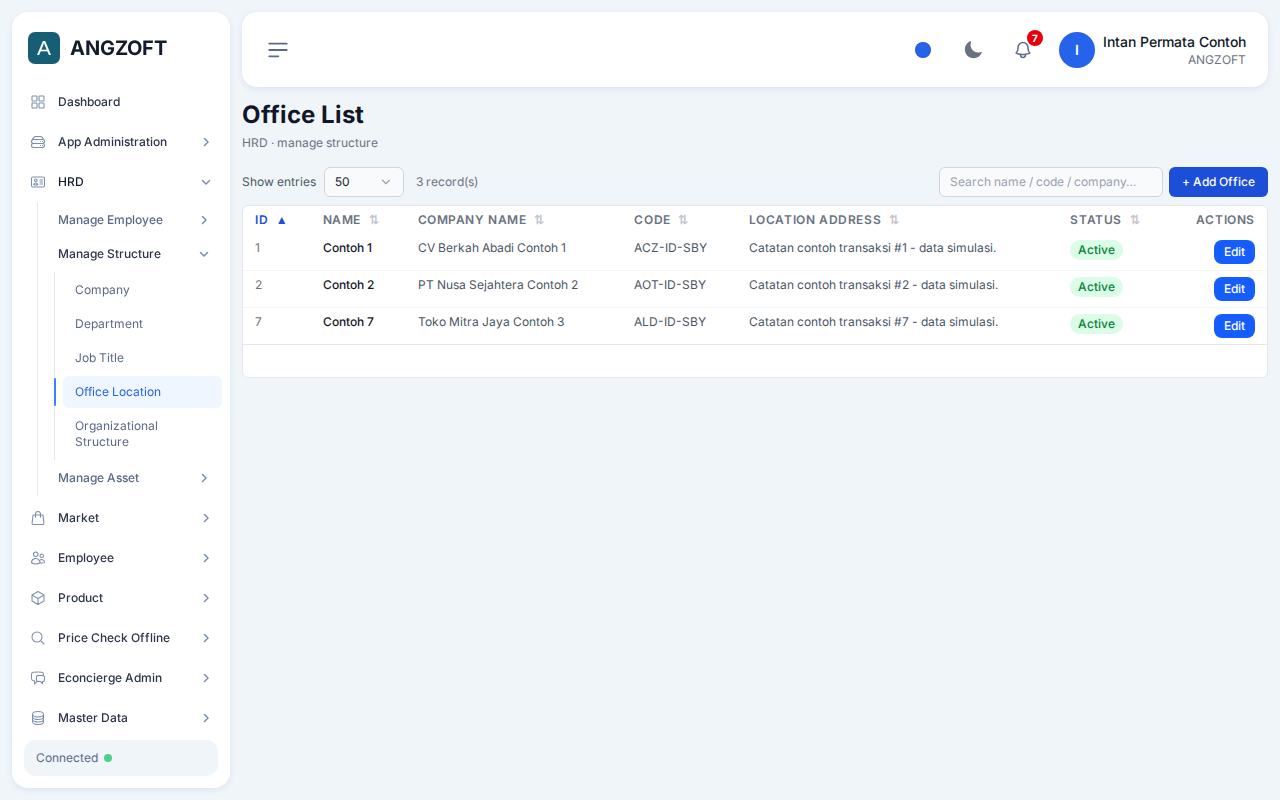 Layar Office Location di aplikasi Angzoft ERP.
