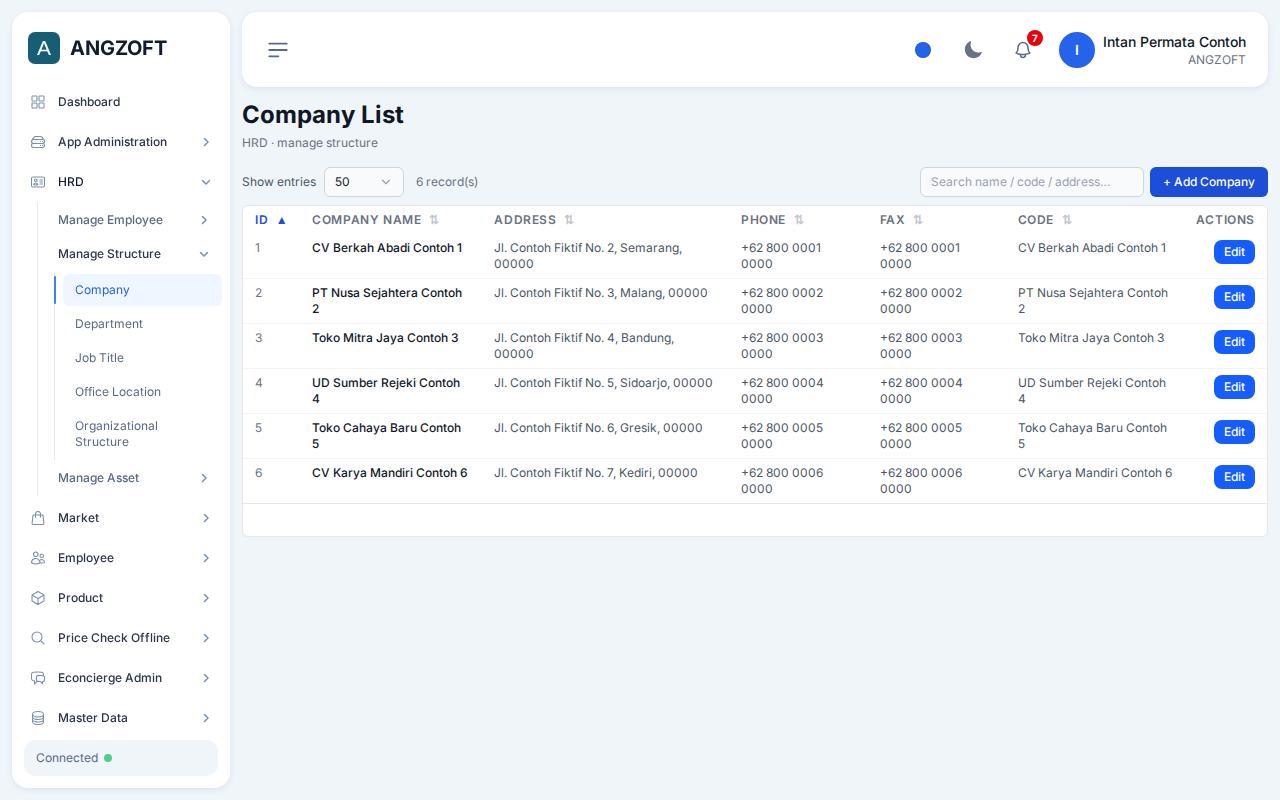 Layar Company di aplikasi Angzoft ERP.