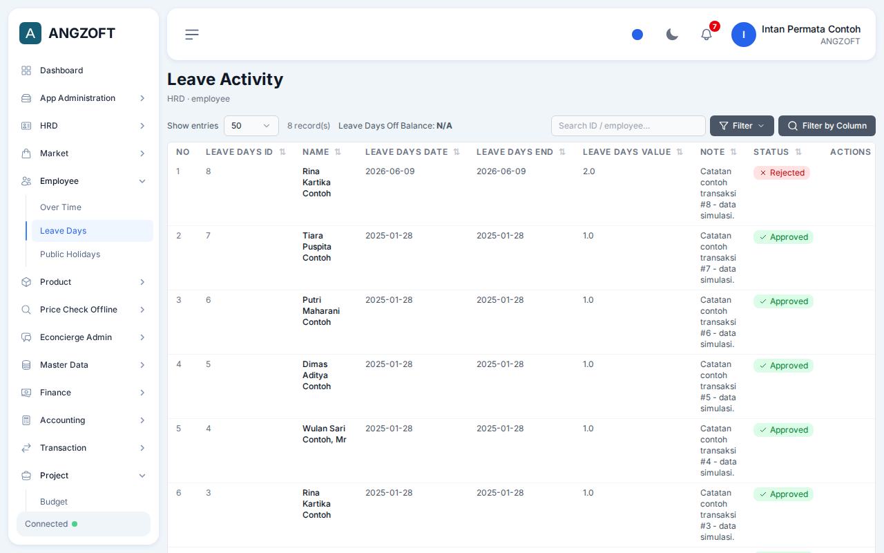 Layar Leave Days di aplikasi Angzoft ERP.