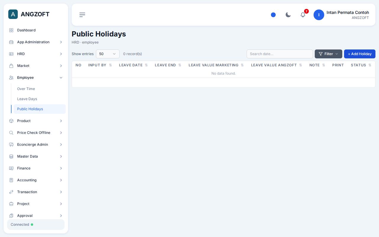 Layar Public Holidays di aplikasi Angzoft ERP.