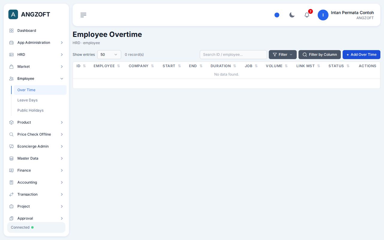 Layar Over Time di aplikasi Angzoft ERP.