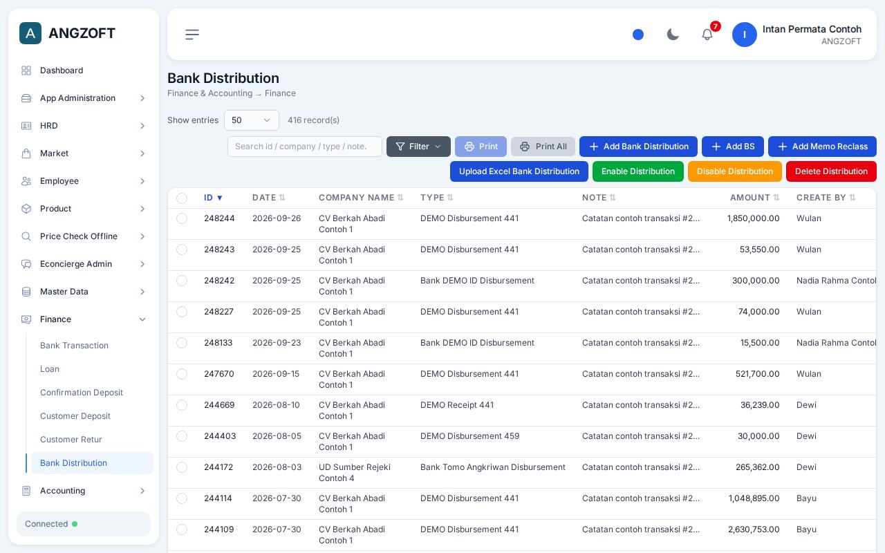 Layar Bank Distribution di aplikasi Angzoft ERP.