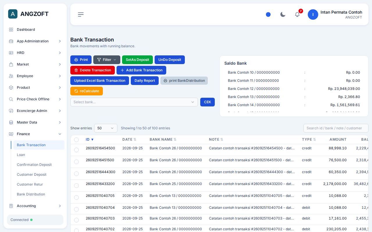 Layar Bank Transaction di aplikasi Angzoft ERP.
