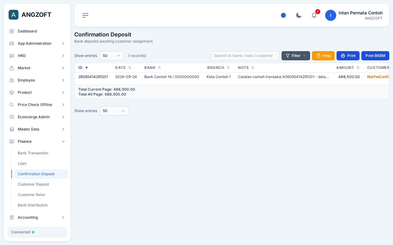 Layar Confirmation Deposit di aplikasi Angzoft ERP.