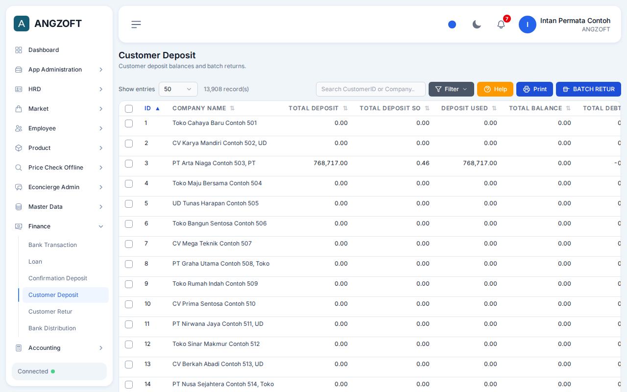 Layar Customer Deposit di aplikasi Angzoft ERP.