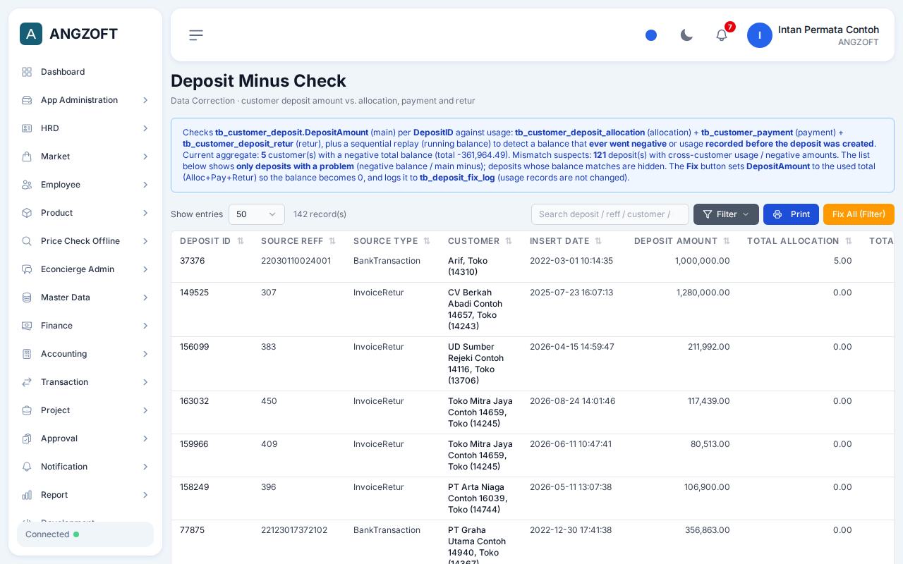 Layar Deposit Minus Check di aplikasi Angzoft ERP.