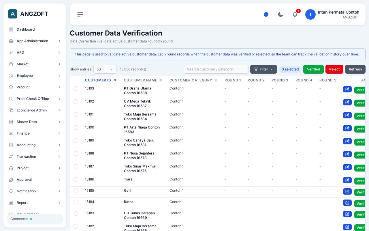 Layar Customer Data Verification di aplikasi Angzoft ERP.