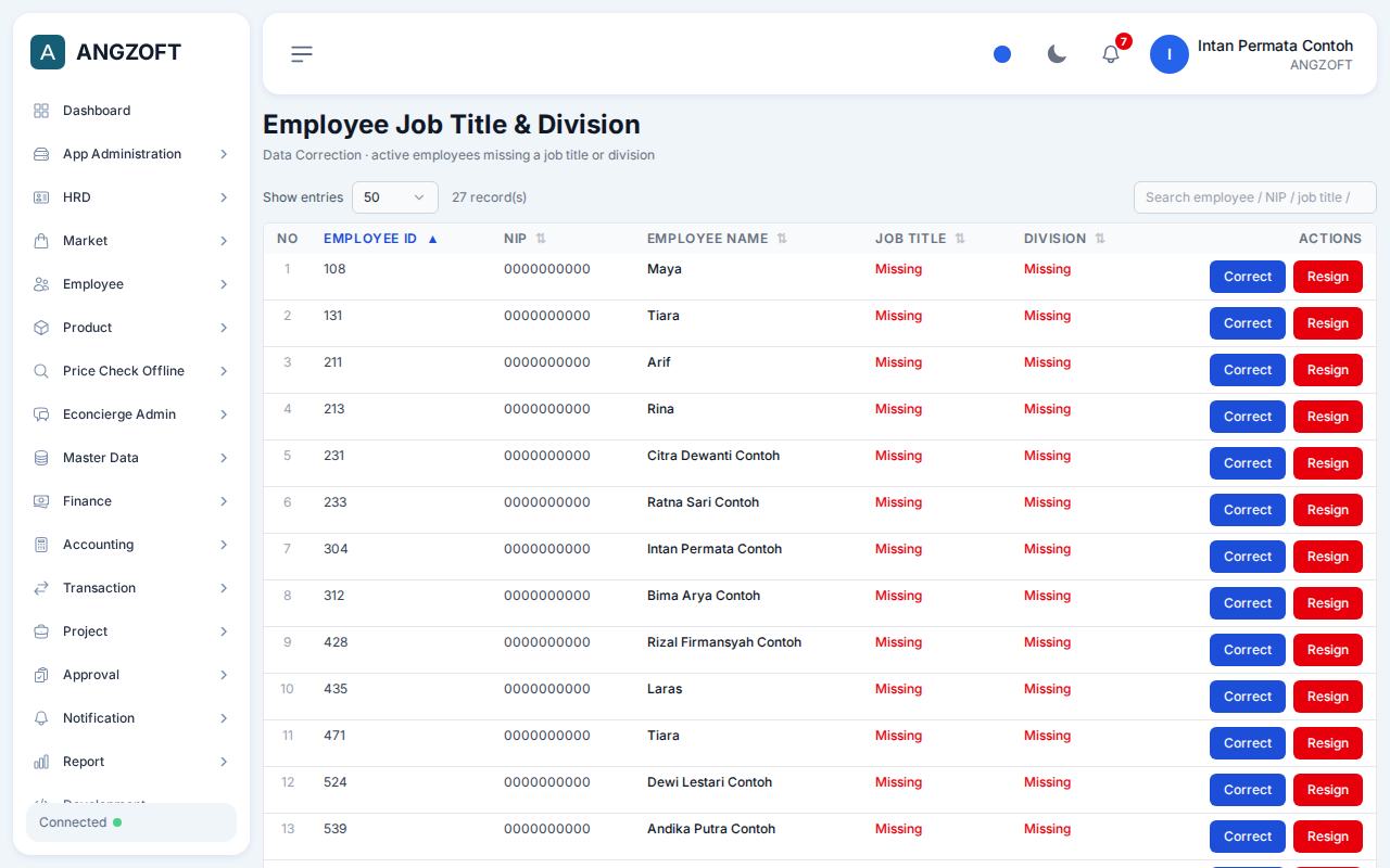 Layar Employee Job Title & Division di aplikasi Angzoft ERP.