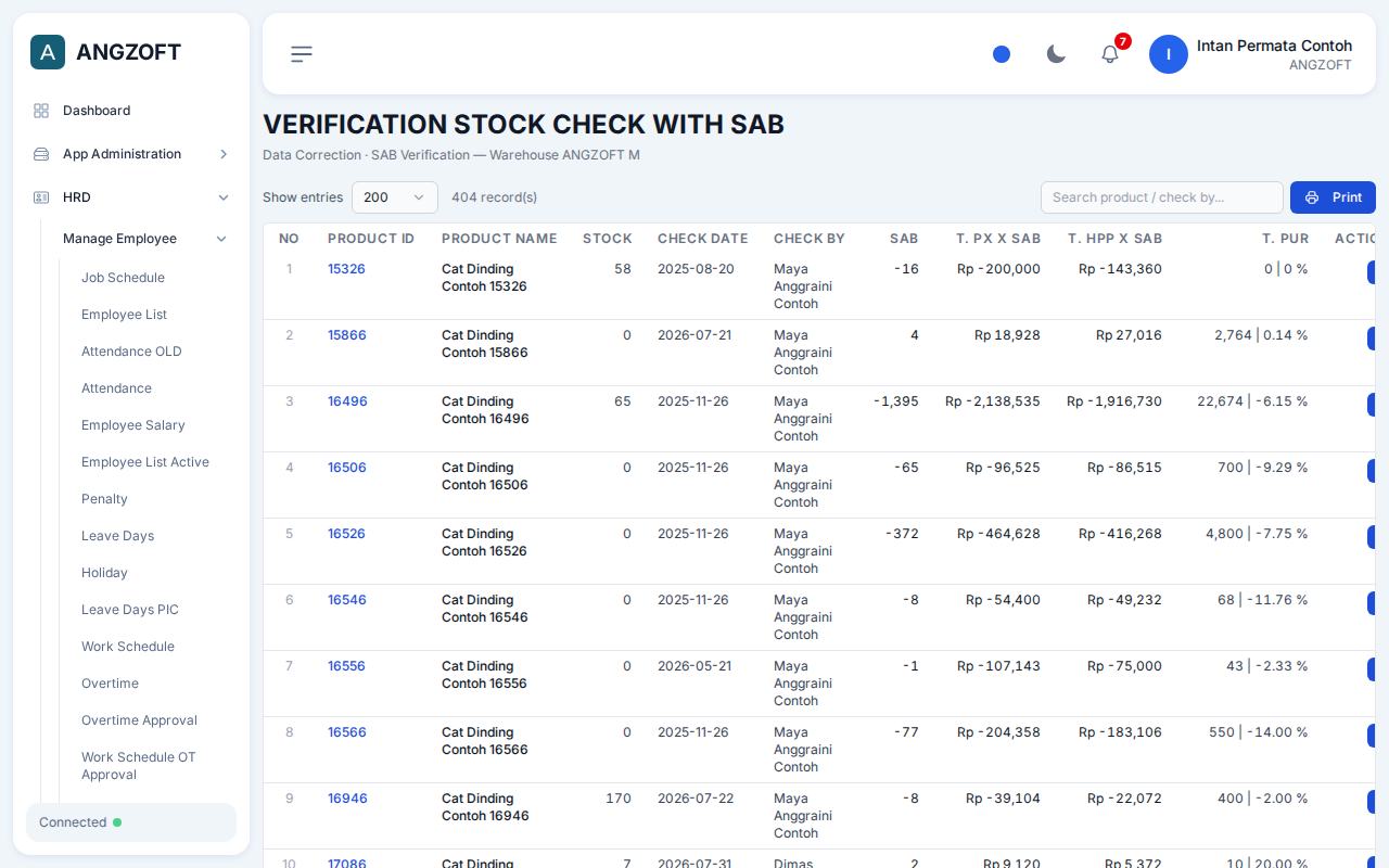 Layar SAB Verification di aplikasi Angzoft ERP.
