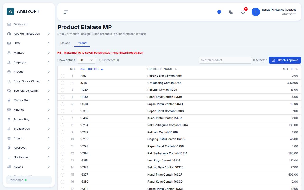 Layar Product Etalase MP di aplikasi Angzoft ERP.
