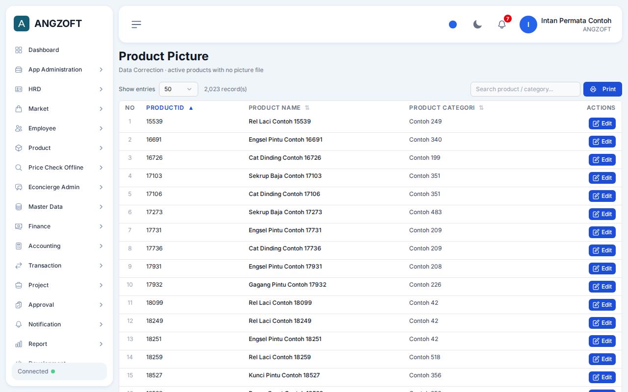 Layar Product Pict List di aplikasi Angzoft ERP.