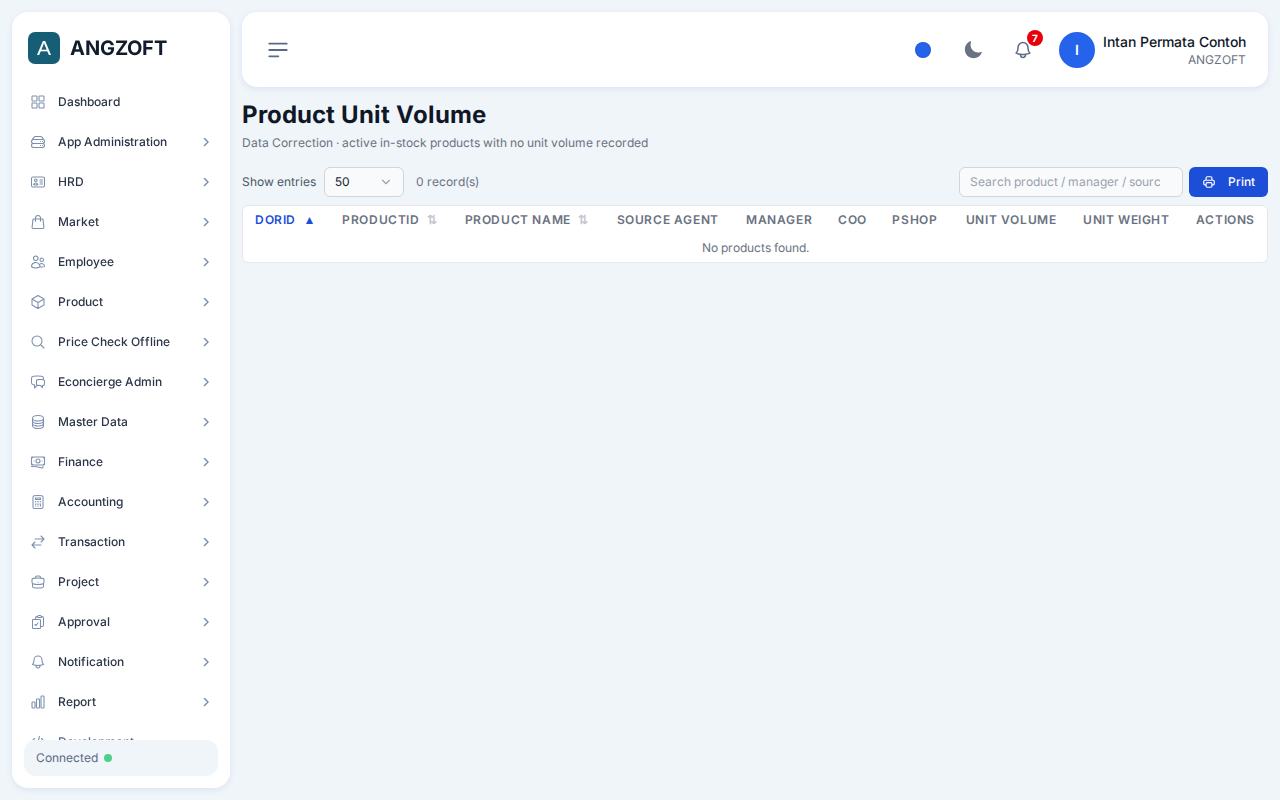 Layar Product Unit Volume di aplikasi Angzoft ERP.