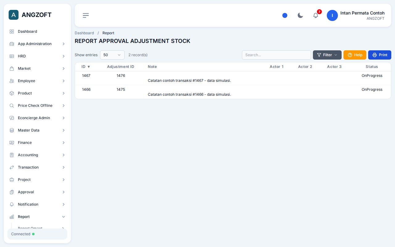 Layar Adjustment Stock di aplikasi Angzoft ERP.