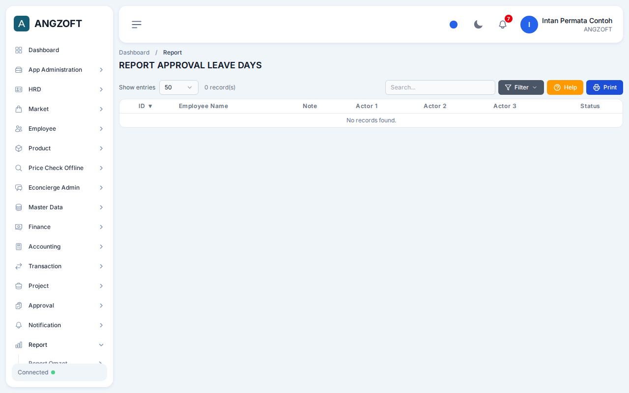 Layar Leave Days di aplikasi Angzoft ERP.