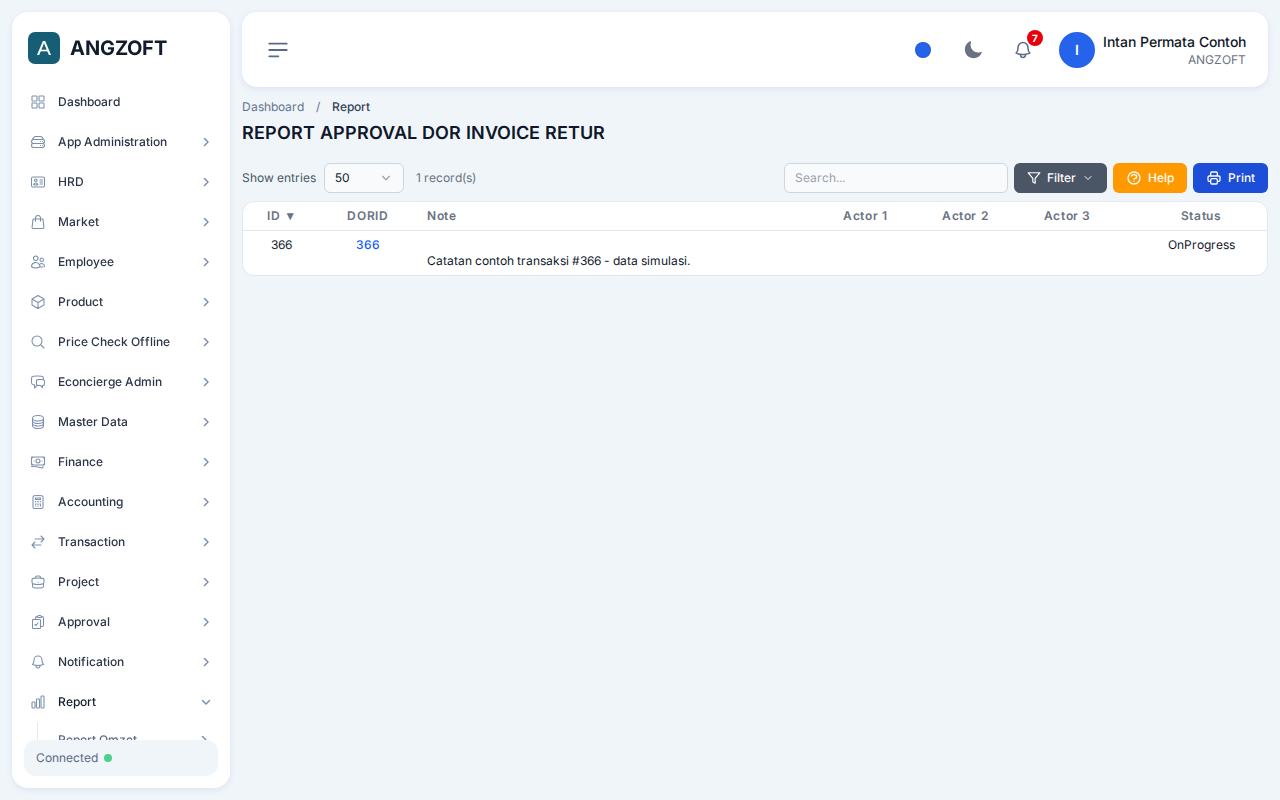 Layar DOR INV Retur di aplikasi Angzoft ERP.