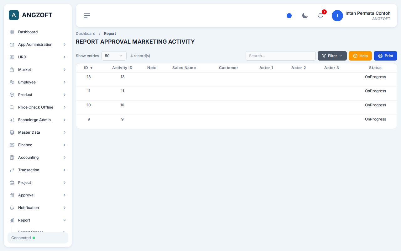 Layar Marketing Activity di aplikasi Angzoft ERP.