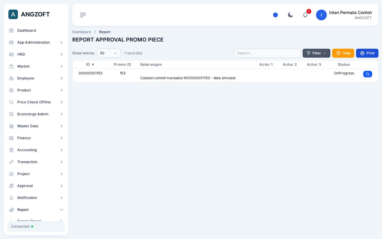 Layar Promo Piece di aplikasi Angzoft ERP.