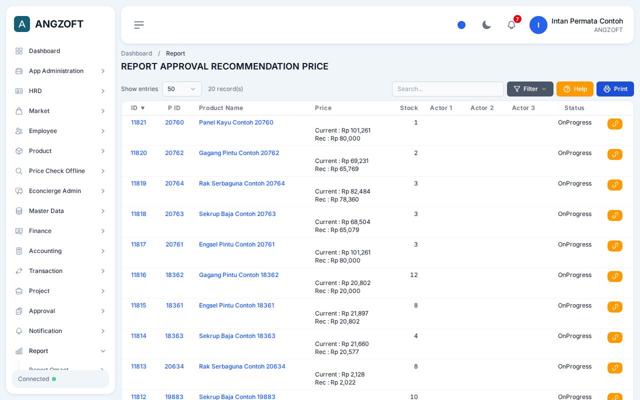 Layar Price Recommendation di aplikasi Angzoft ERP.