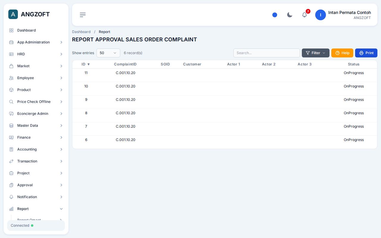 Layar Sales Order Complaint di aplikasi Angzoft ERP.