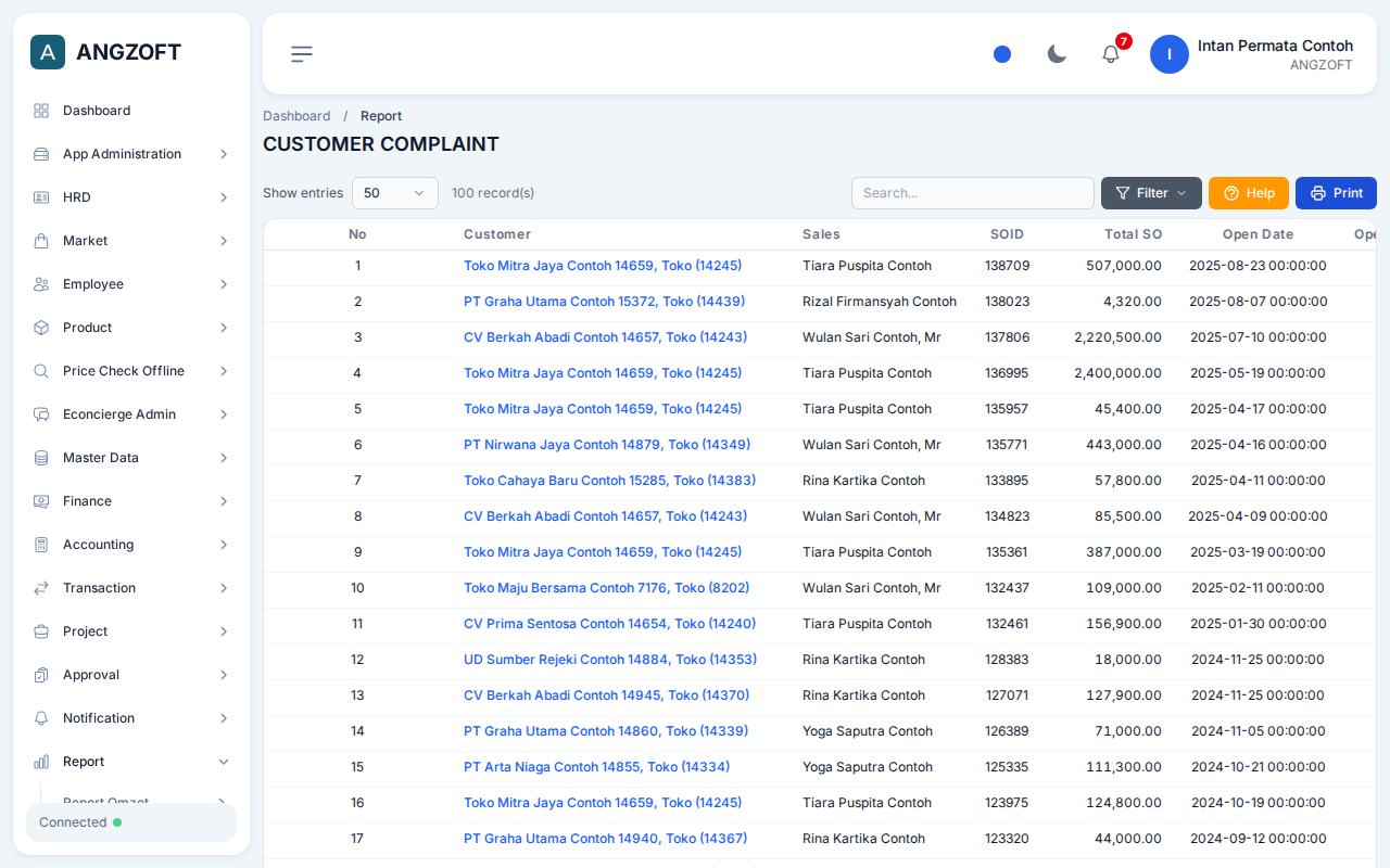 Layar Customer Complaint di aplikasi Angzoft ERP.