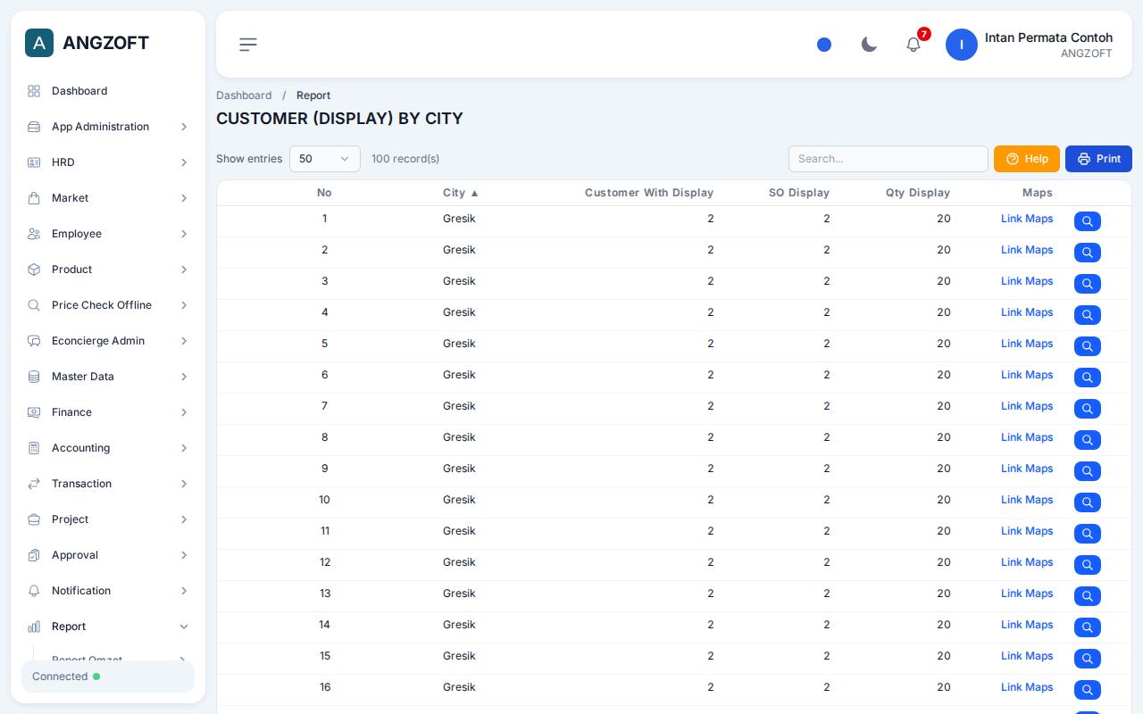 Layar Customer (Display) by City di aplikasi Angzoft ERP.