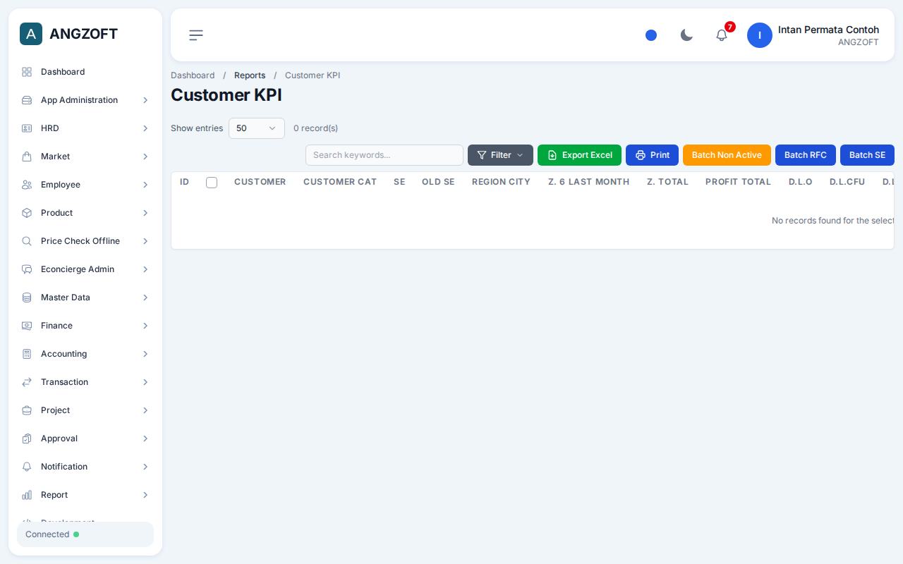 Layar Customer KPI di aplikasi Angzoft ERP.