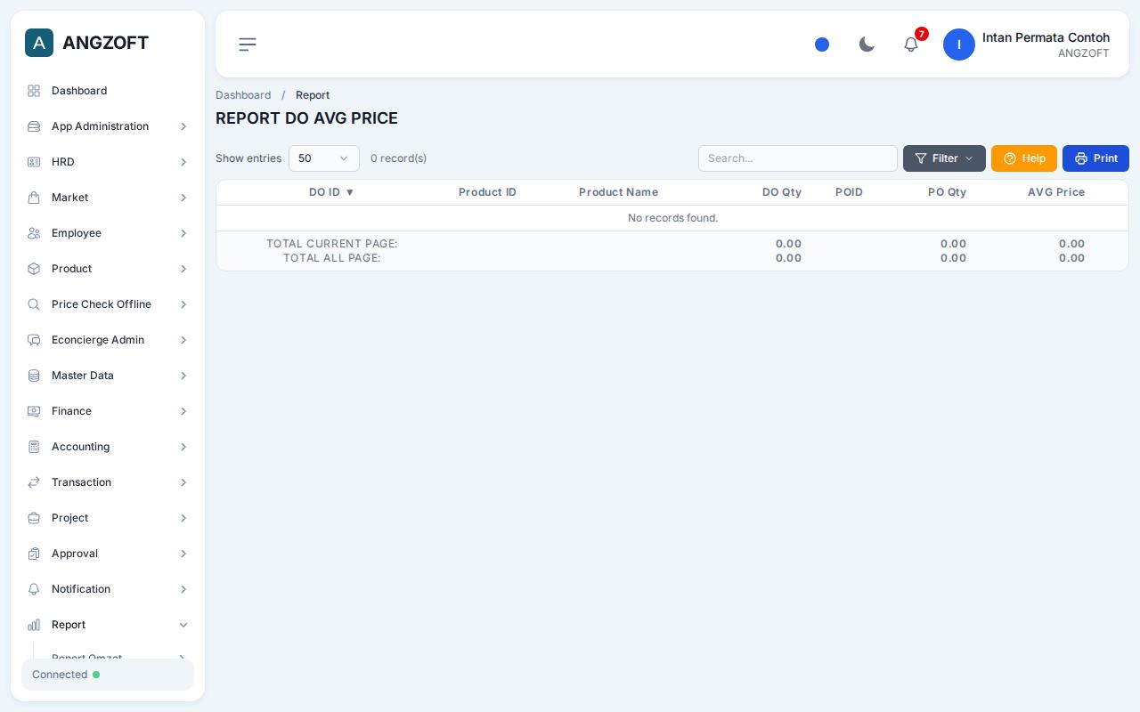 Layar DO AVG Price di aplikasi Angzoft ERP.