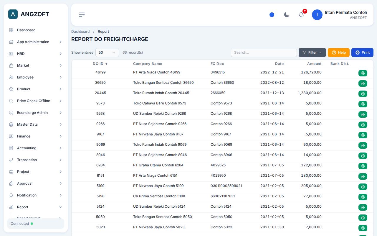 Layar Freightcharge di aplikasi Angzoft ERP.