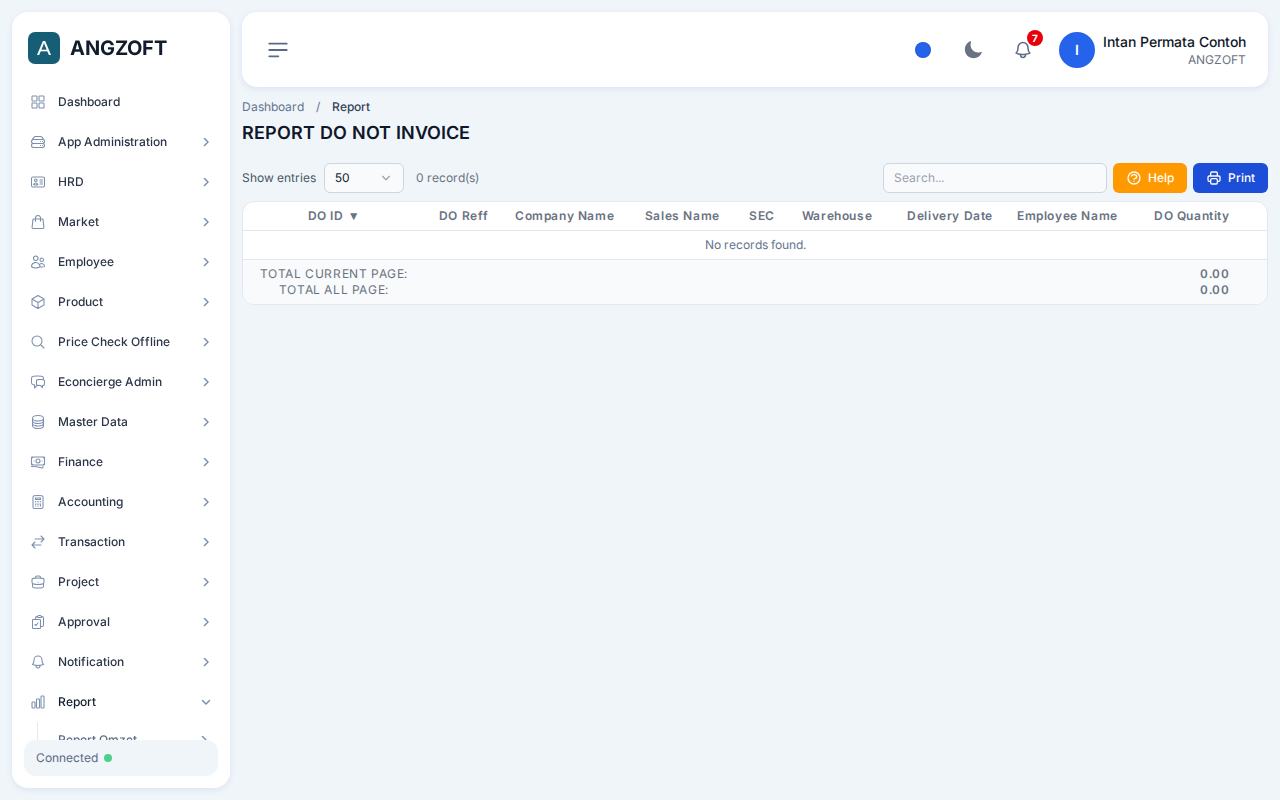 Layar Not Invoice di aplikasi Angzoft ERP.