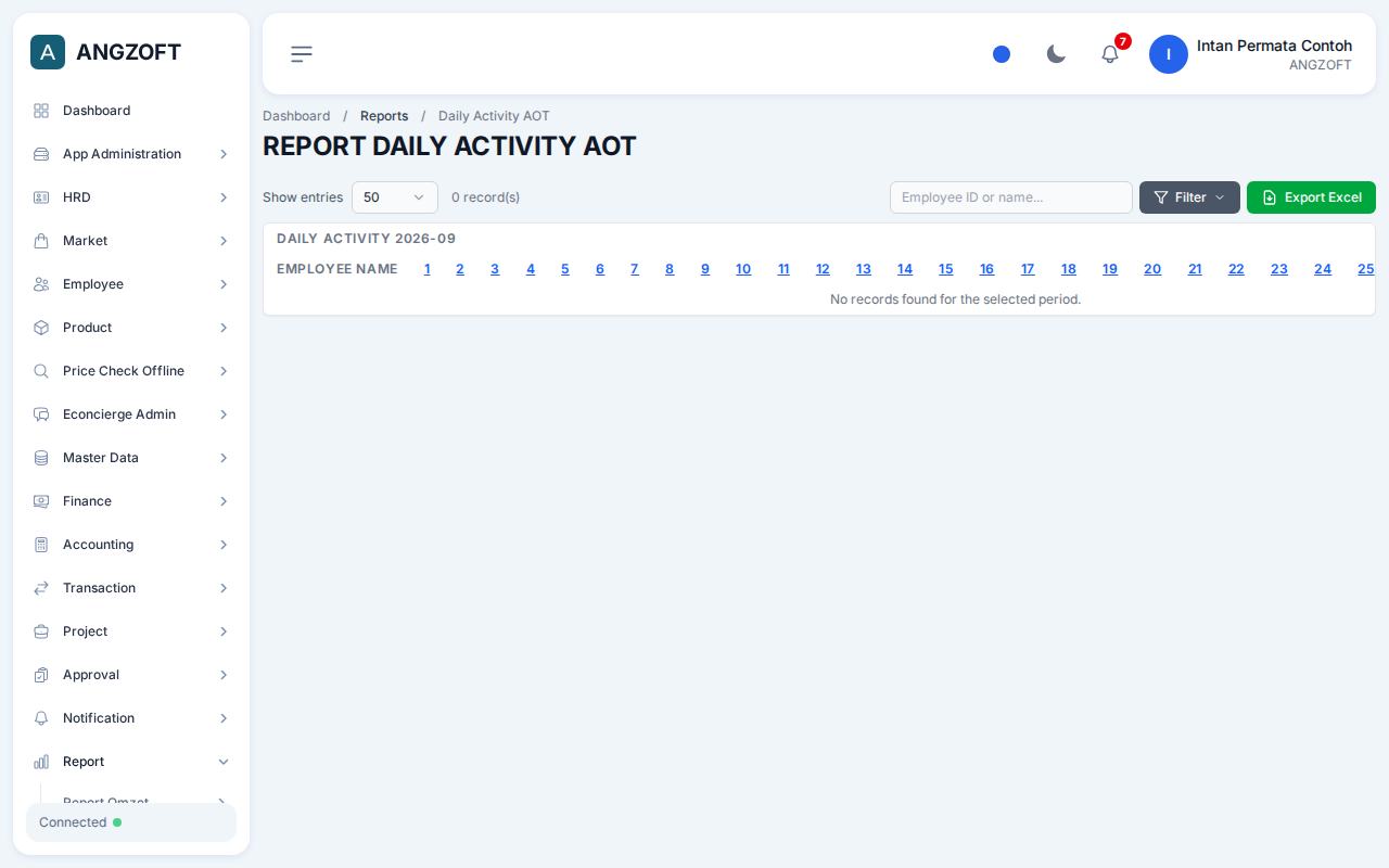 Layar Daily Activity (Feature) di aplikasi Angzoft ERP.