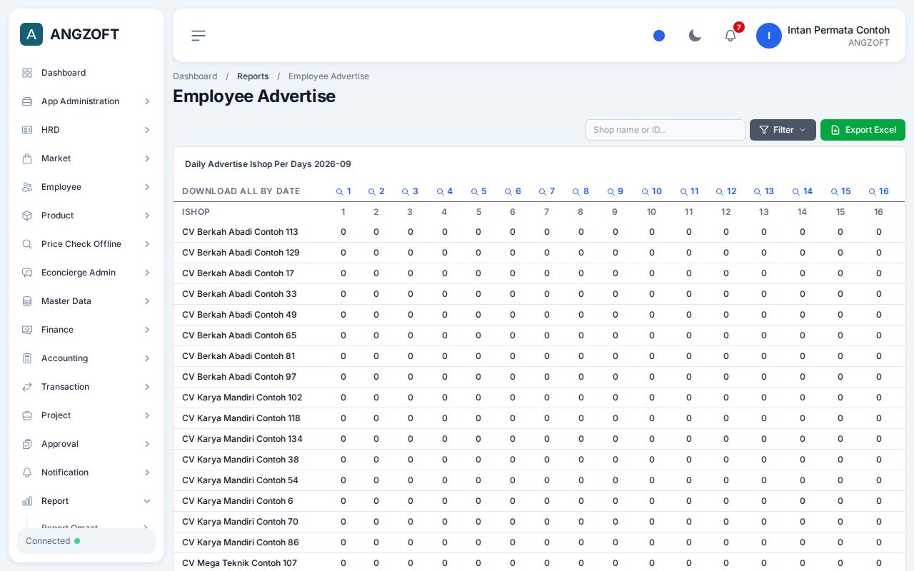 Layar Employee Advertise di aplikasi Angzoft ERP.
