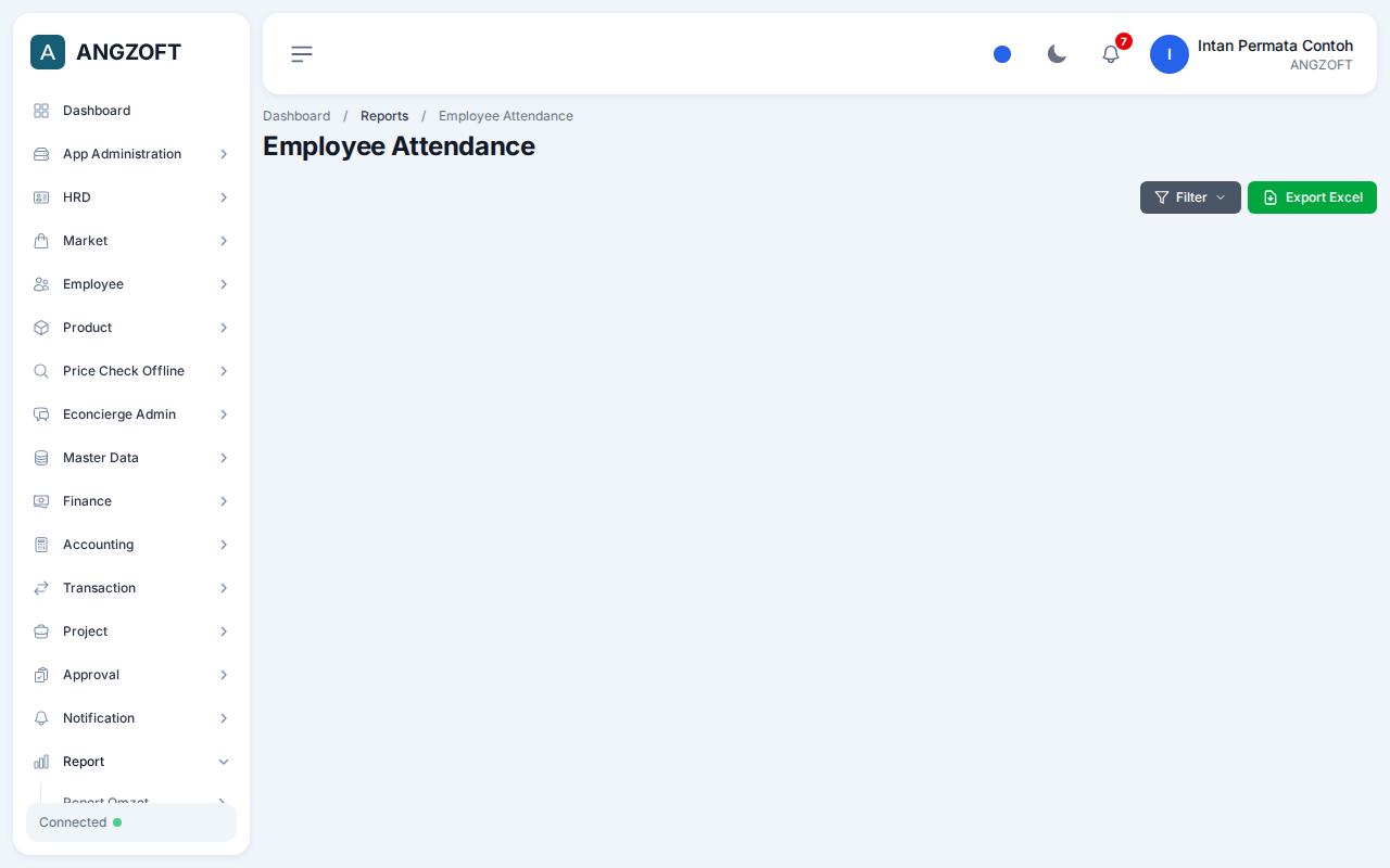 Layar Employee Attendance di aplikasi Angzoft ERP.