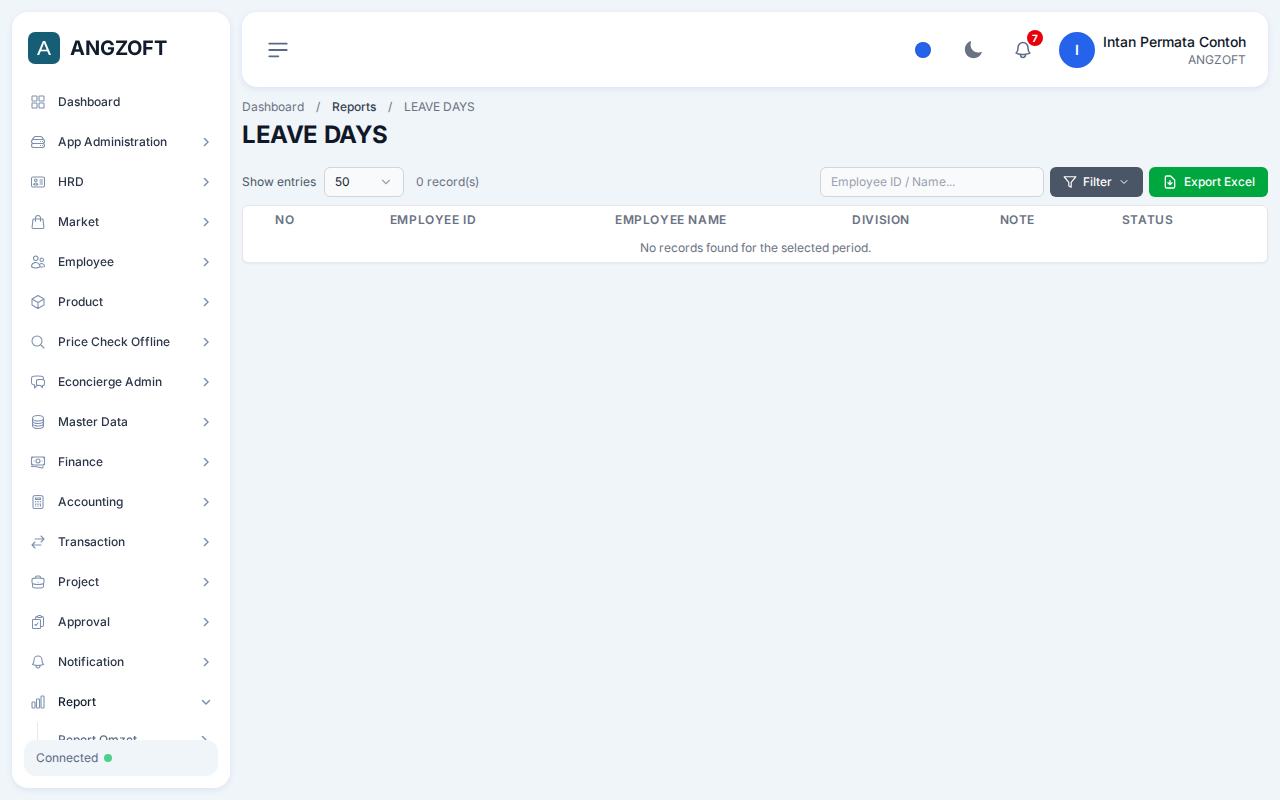 Layar Leave Days di aplikasi Angzoft ERP.