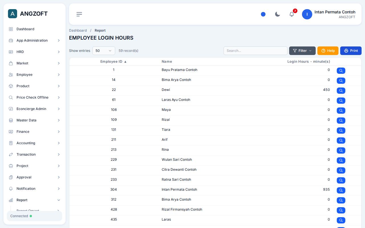 Layar Login Hours di aplikasi Angzoft ERP.
