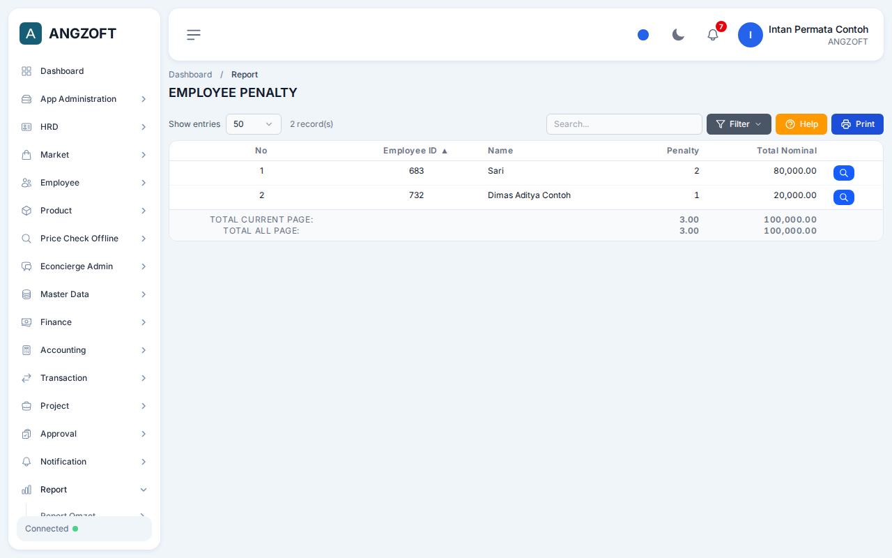 Layar Penalty di aplikasi Angzoft ERP.
