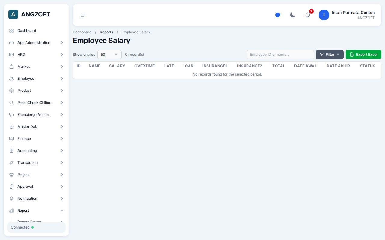 Layar Employee Salary di aplikasi Angzoft ERP.