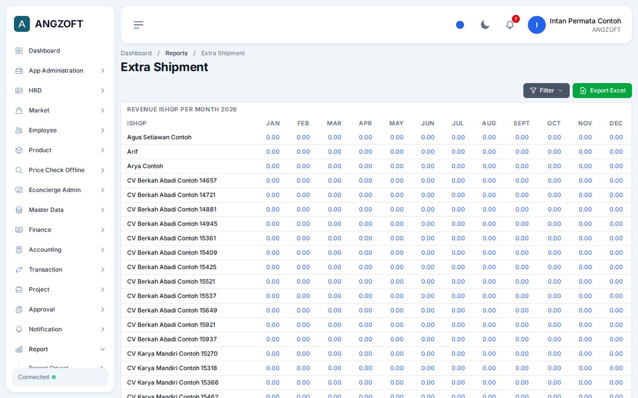Layar Exta Shipment di aplikasi Angzoft ERP.