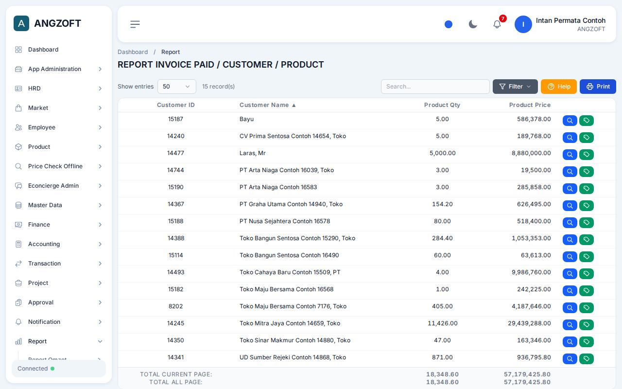 Layar Paid/Customer/Product di aplikasi Angzoft ERP.