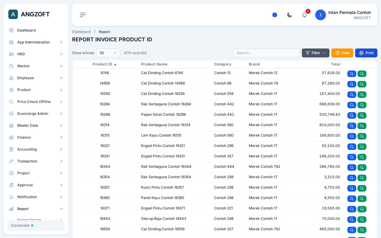 Layar By Product Id di aplikasi Angzoft ERP.