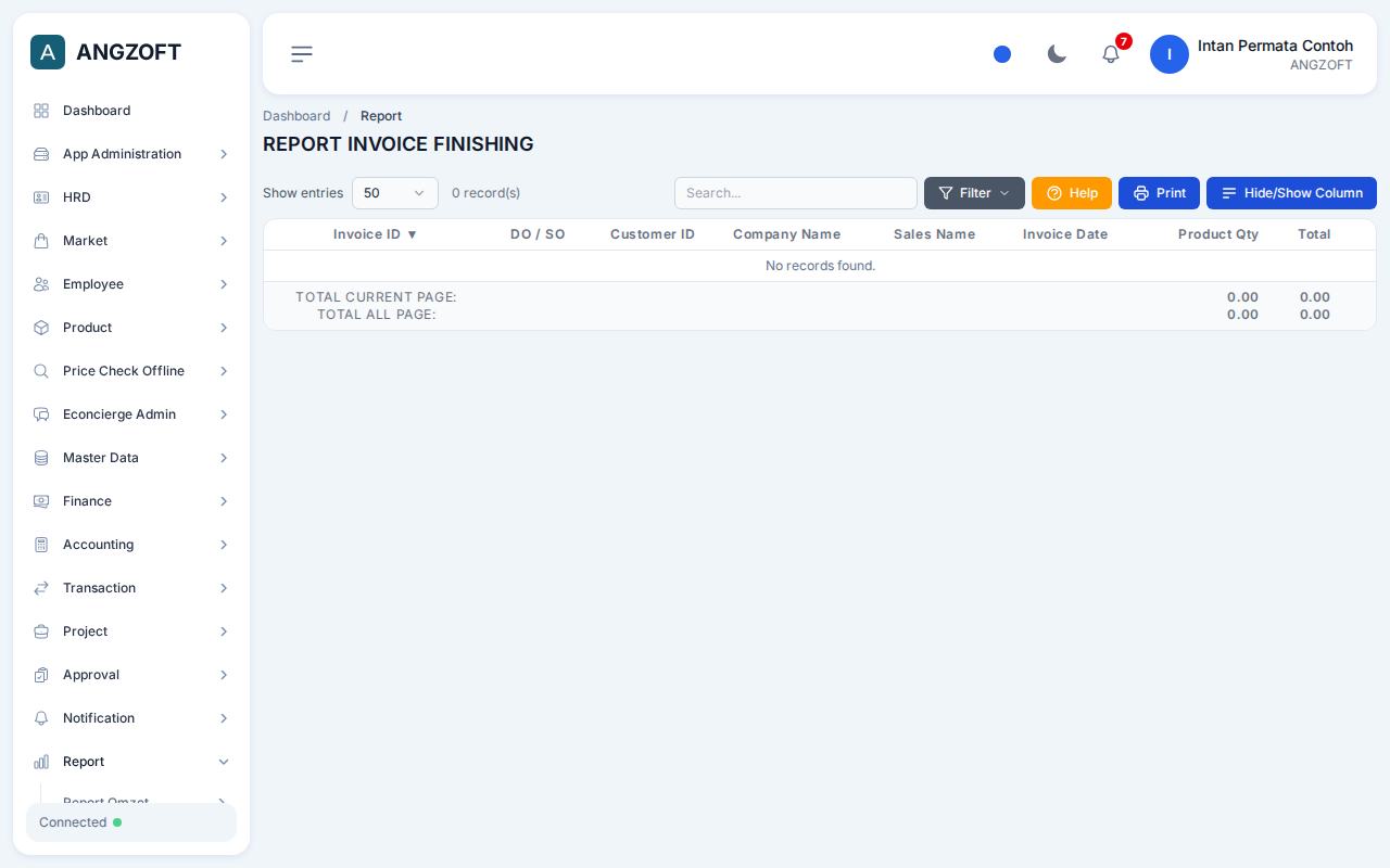 Layar By Finishing di aplikasi Angzoft ERP.