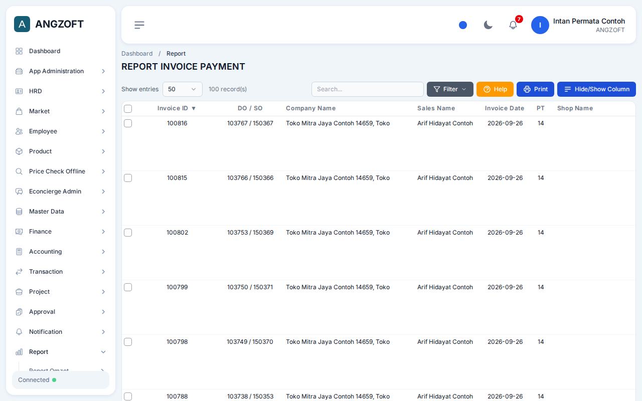 Layar MPV di aplikasi Angzoft ERP.