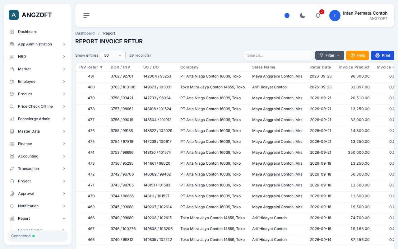 Layar Retur di aplikasi Angzoft ERP.