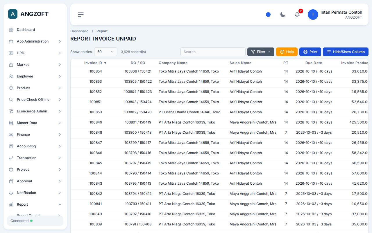 Layar Unpaid di aplikasi Angzoft ERP.