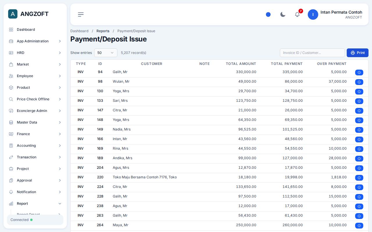 Layar Payment/Deposit Issue di aplikasi Angzoft ERP.