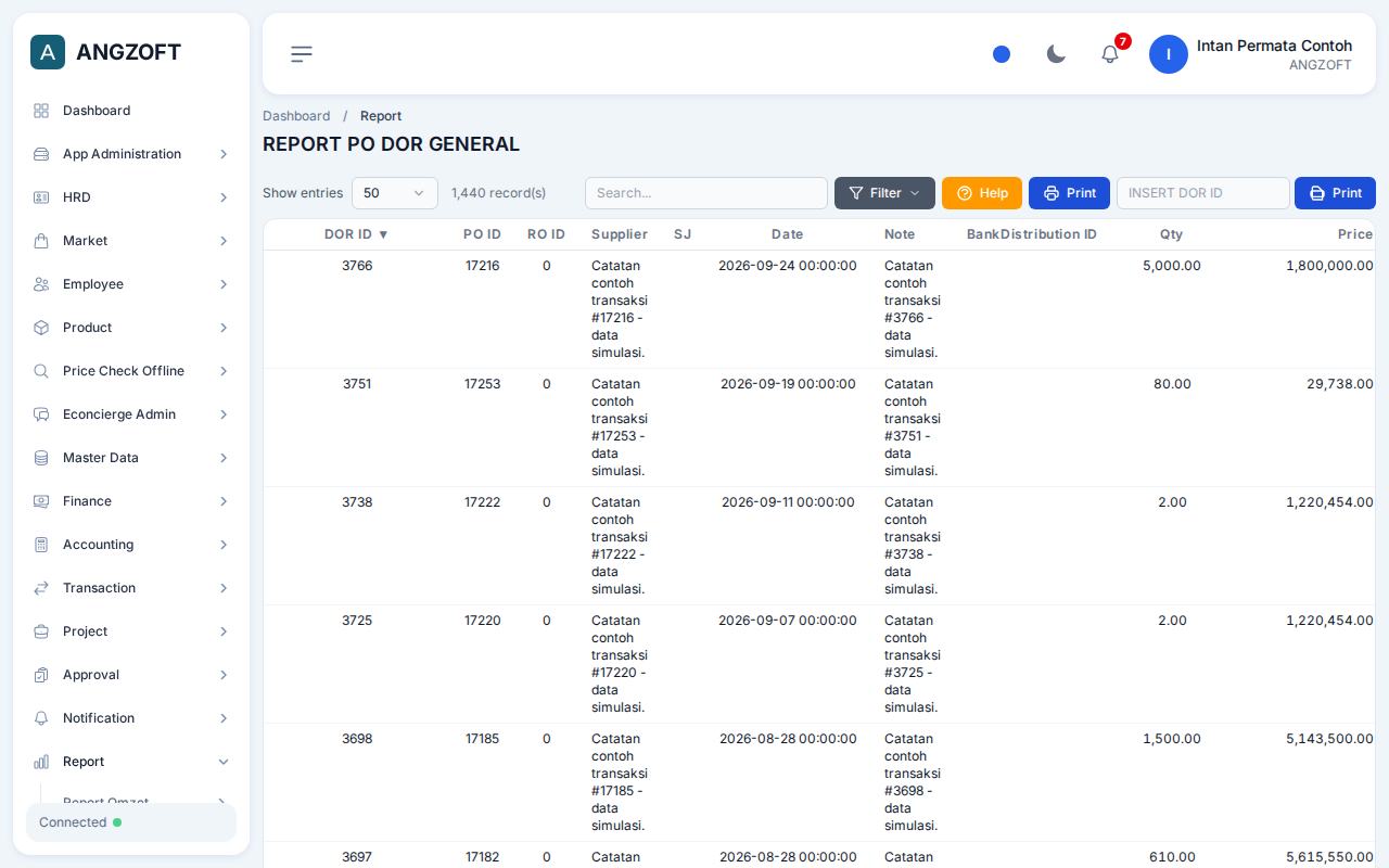 Layar DOR General di aplikasi Angzoft ERP.