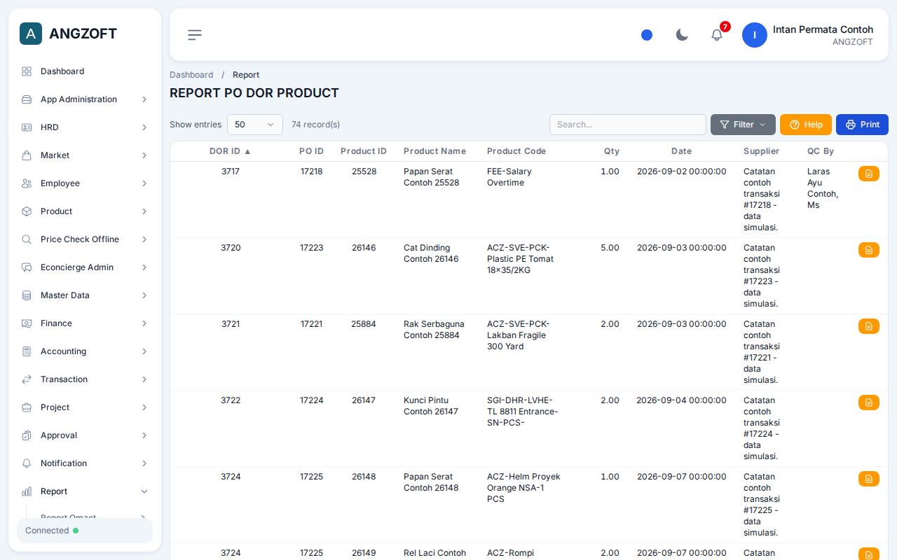 Layar DOR Product di aplikasi Angzoft ERP.