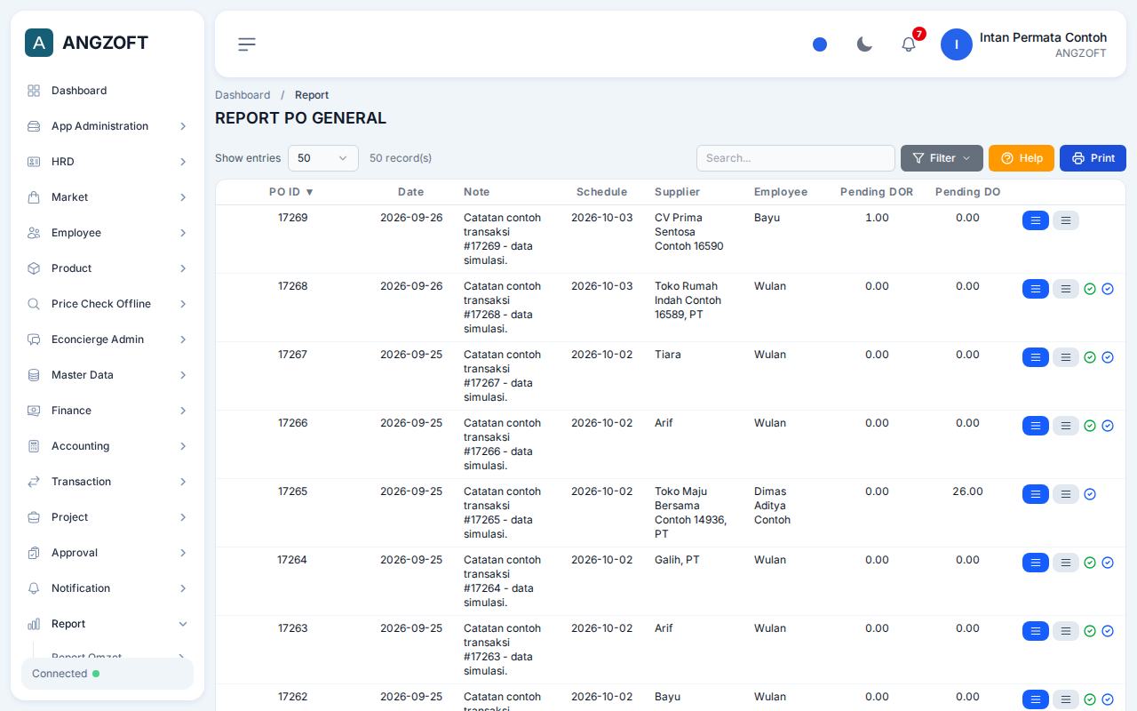 Layar PO General di aplikasi Angzoft ERP.