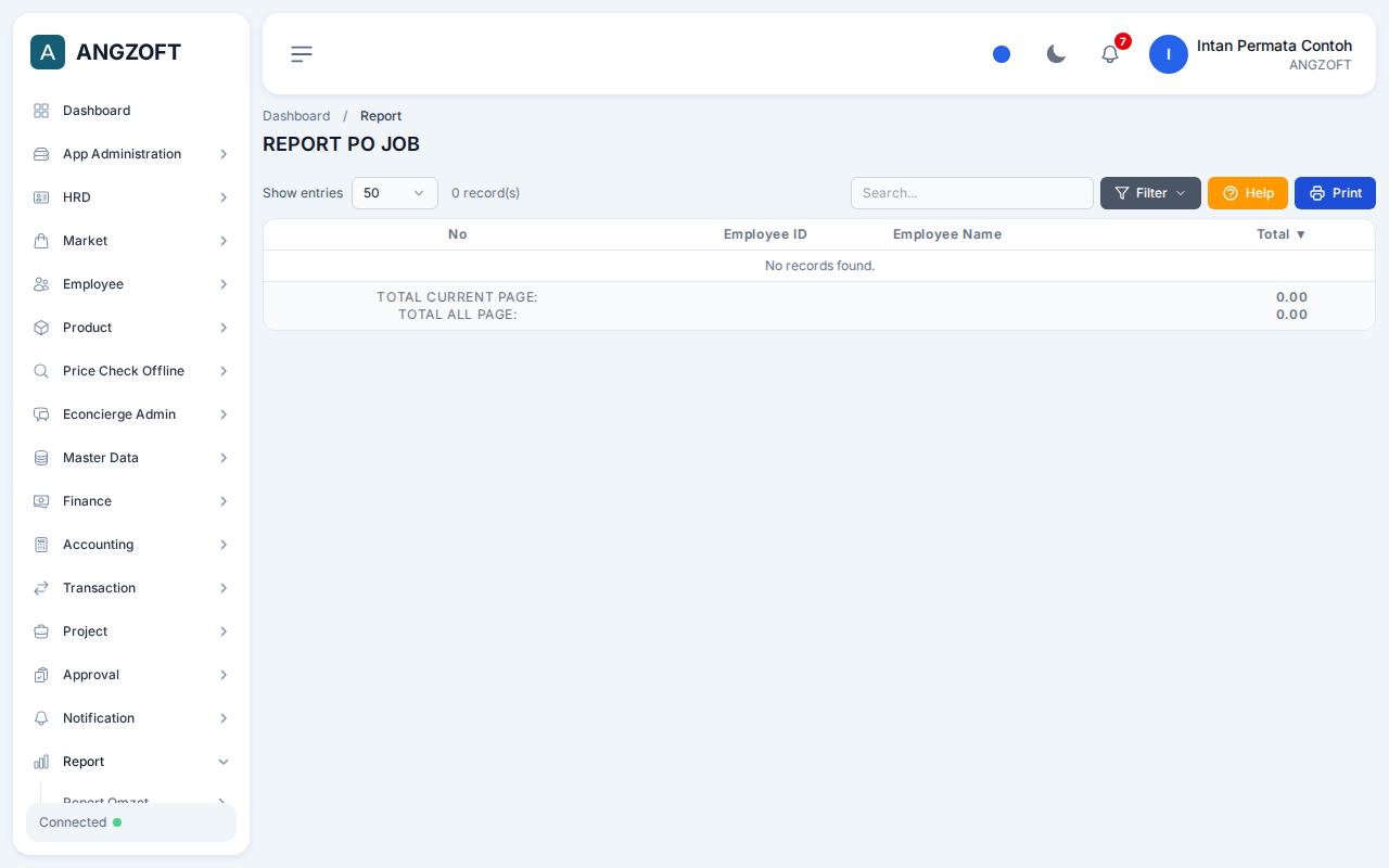 Layar PO Job di aplikasi Angzoft ERP.