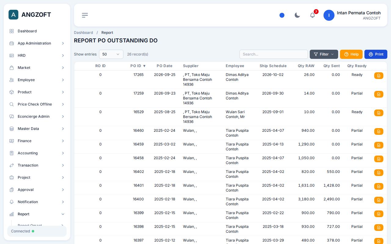 Layar Outstanding DO di aplikasi Angzoft ERP.